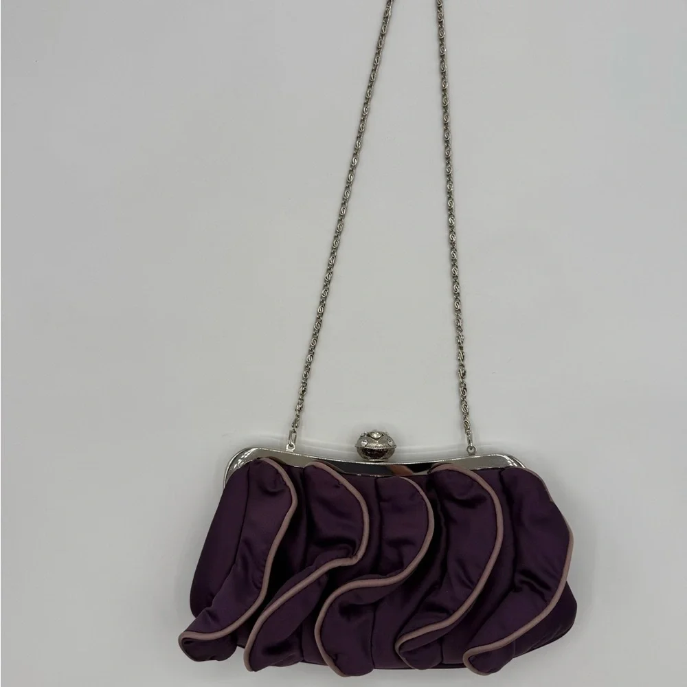 Dollhouse Satin Ruffled Front Jeweled Kiss-Lock Purple Handbag ClutchFormal Prom